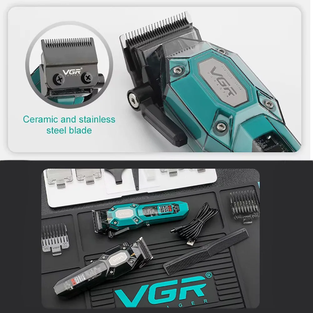 Аккумуляторная машинка для стрижки (clipper) VGR V-600 GREEN, 6 насадок, регулятор высоты, LED display, 7000 RPM