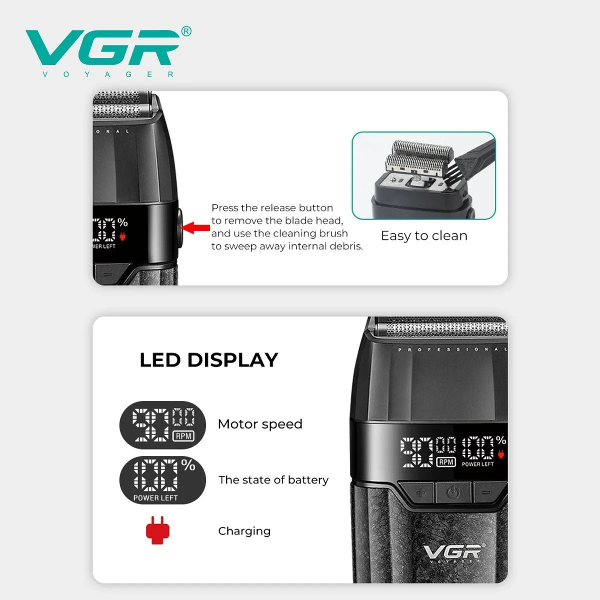 Электробритва VGR V-640S шейвер, двойное лезвие, 9000 RPM, LED Display