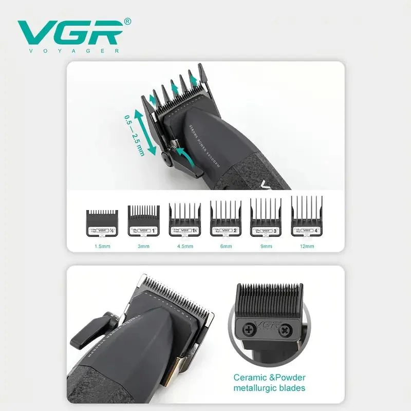 Аккумуляторная машинка для стрижки (clipper) VGR V-640C BLACK, 6 насадок, LED display, 9000RPM