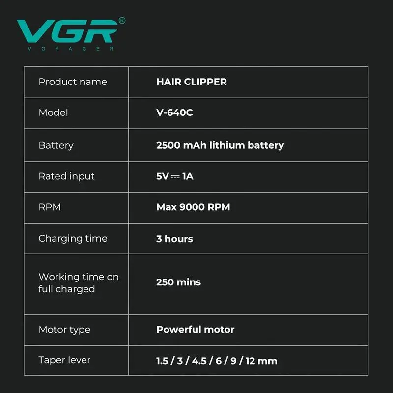 Аккумуляторная машинка для стрижки (clipper) VGR V-640C BLACK, 6 насадок, LED display, 9000RPM