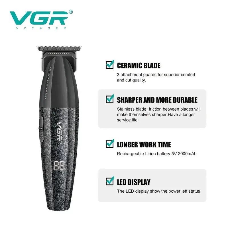 Триммер VGR V-640T BLACK, 3 насадки, LED display, 9000RPM