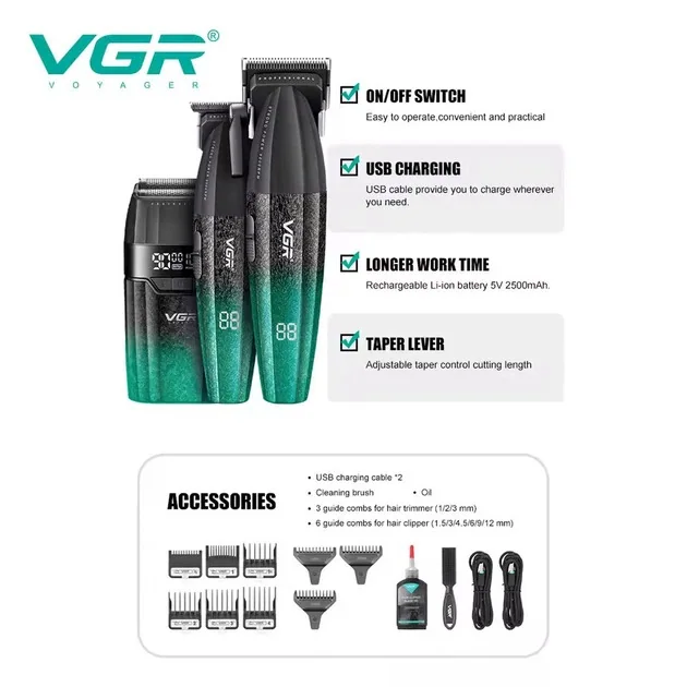 Набор профессиональный 3 в 1 для стрижки VGR V 640 S3 3IN1 Black Green