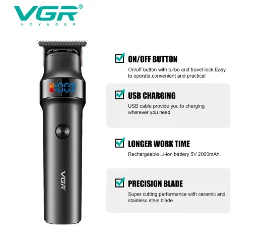 Триммер аккумуляторный VGR V-987, 4 насадки, LED дисплей