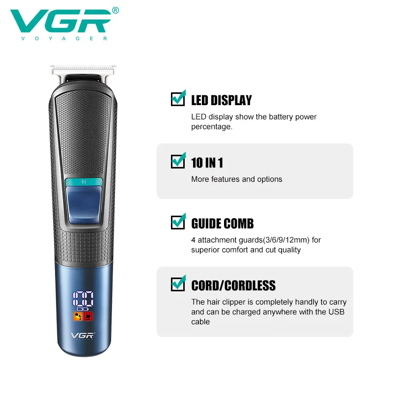 Набор для стрижки VGR 10 в 1 V-108, 10 насадок, LED display