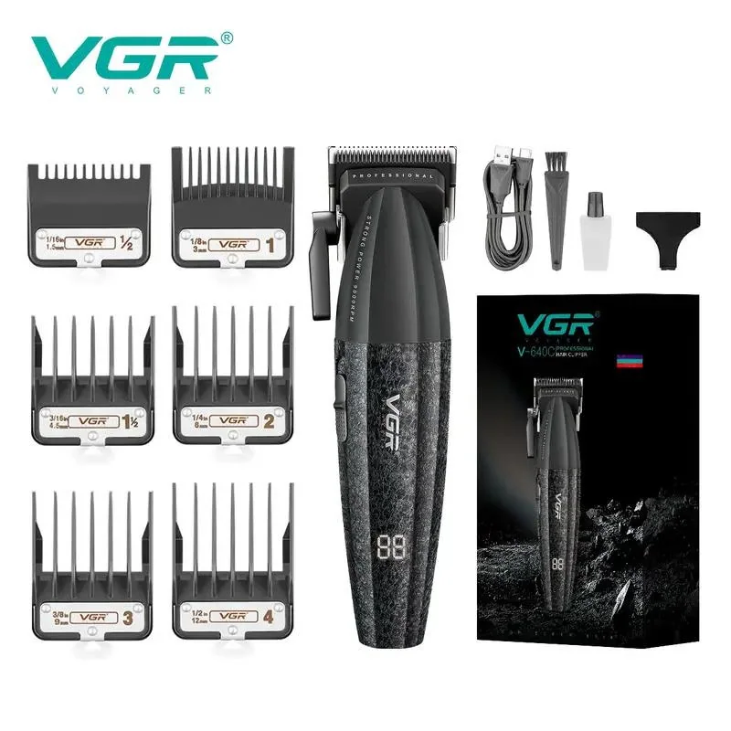 Акумуляторна машинка для стрижки (clipper) VGR V-640C BLACK, 6 насадок, LED display, 9000RPM