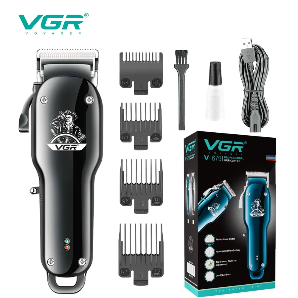 Акумуляторна машинка для стрижки (clipper) VGR V-679 BLACK, 4 насадки