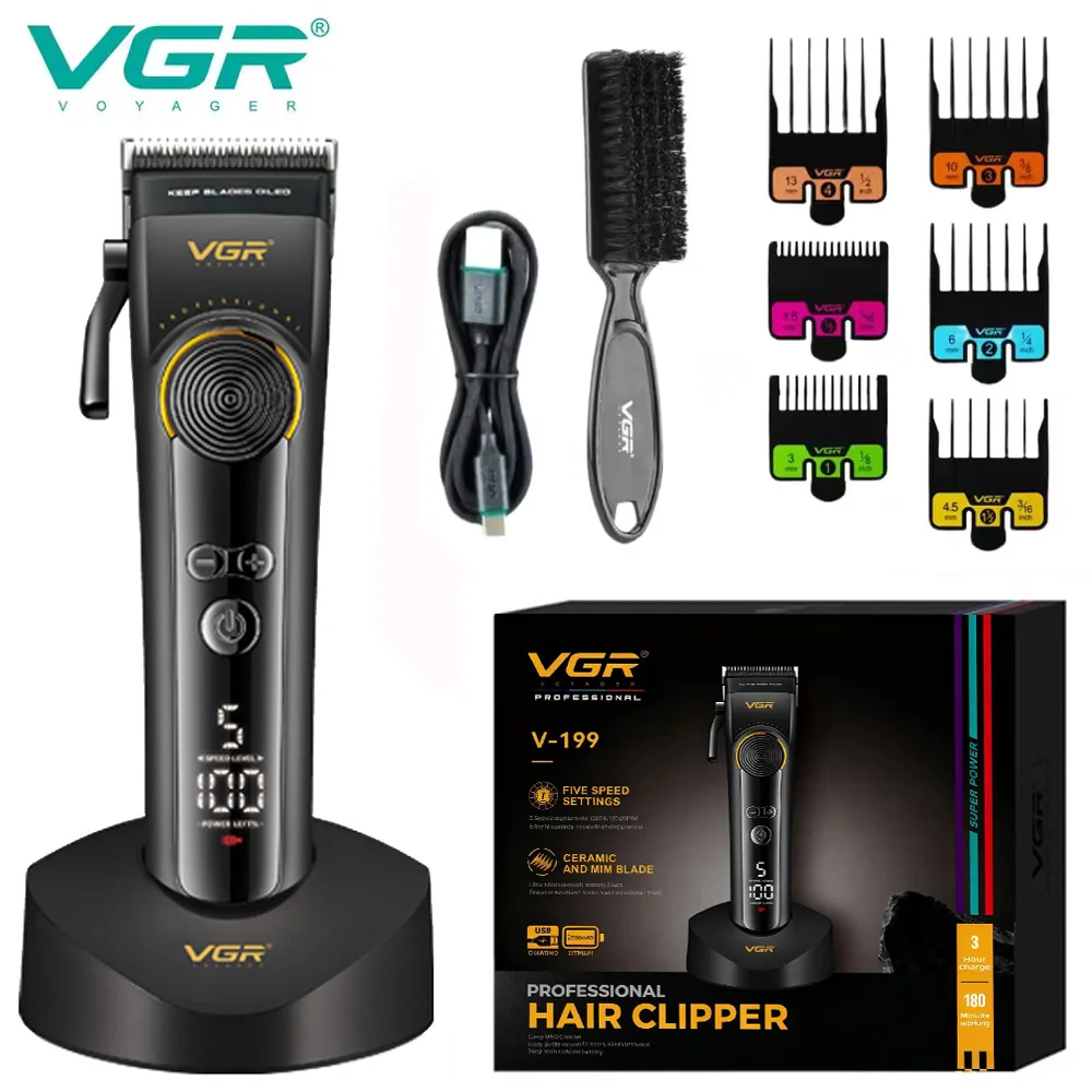 Акумуляторна машинка для стрижки (clipper) VGR V-199 BLACK, 6 насадок, LED display