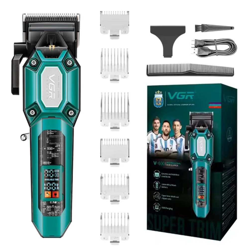 Аккумуляторная машинка для стрижки (clipper) VGR V-600 GREEN, 6 насадок, регулятор высоты, LED display, 7000 RPM