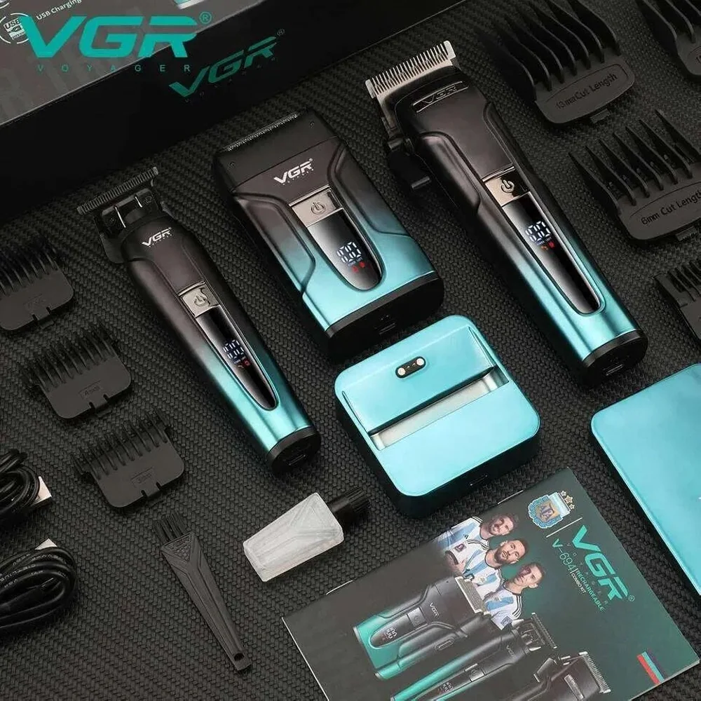 Комплект VGR 3 в 1 V-694 GREEN аккумуляторная машинка для стрижки (clipper), триммер и электробритва (шейвер)