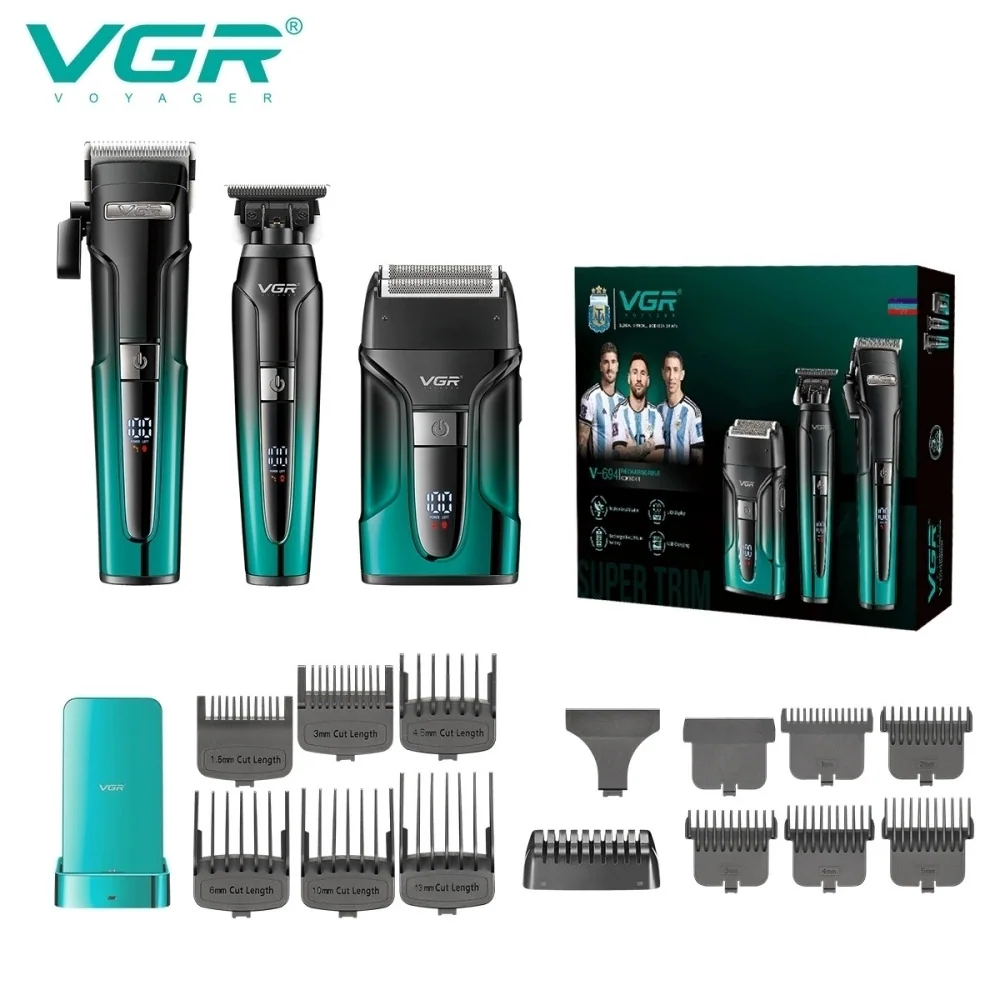 Комплект VGR 3 в 1 V-694 GREEN аккумуляторная машинка для стрижки (clipper), триммер и электробритва (шейвер)