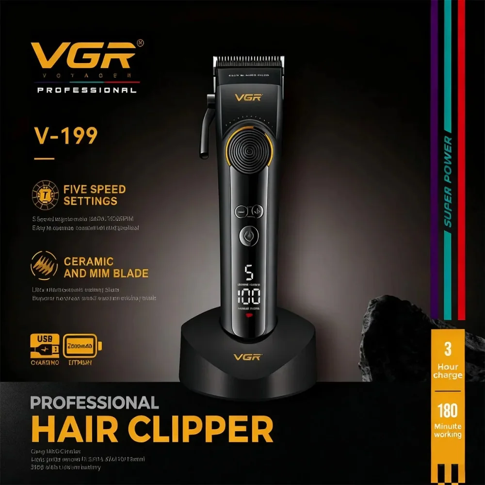 Аккумуляторная машинка для стрижки (clipper) VGR V-199 BLACK, 6 насадок, LED display