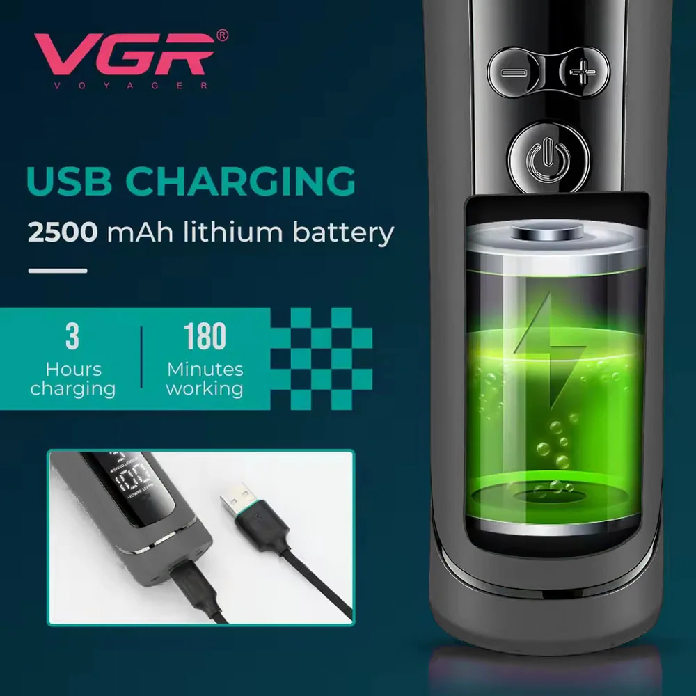 Аккумуляторная машинка для стрижки (clipper) VGR V-199 BLACK, 6 насадок, LED display
