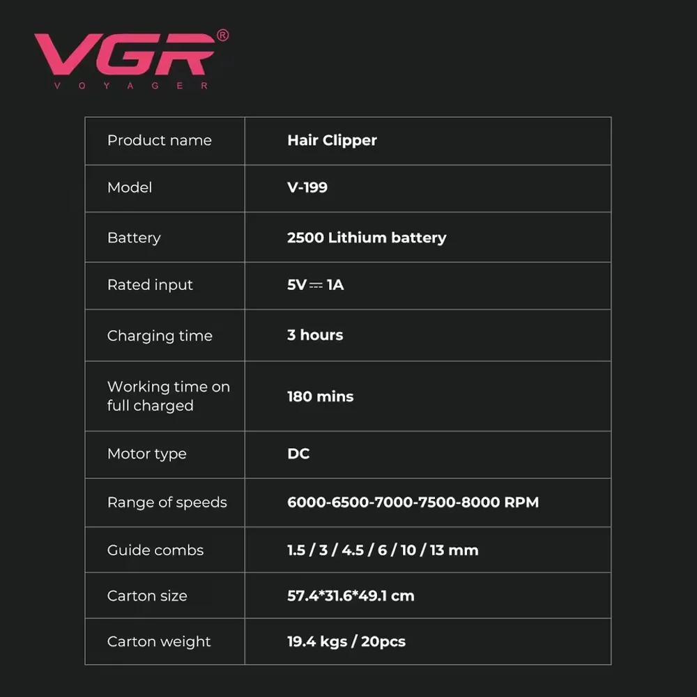 Аккумуляторная машинка для стрижки (clipper) VGR V-199 BLACK, 6 насадок, LED display