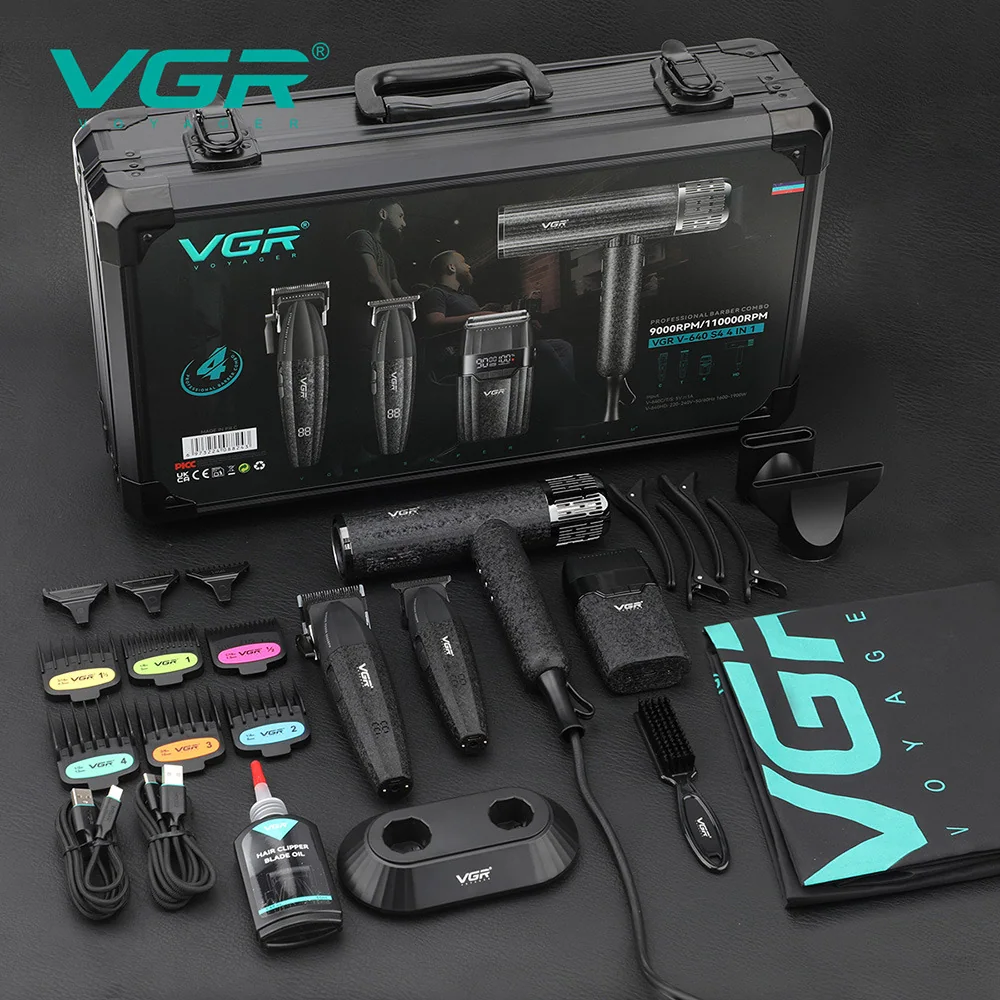 Комплект VGR 4 в 1 V-640 S4 BLACK, машинка для стрижки (clipper), триммер, электробритва (шейвер), фен