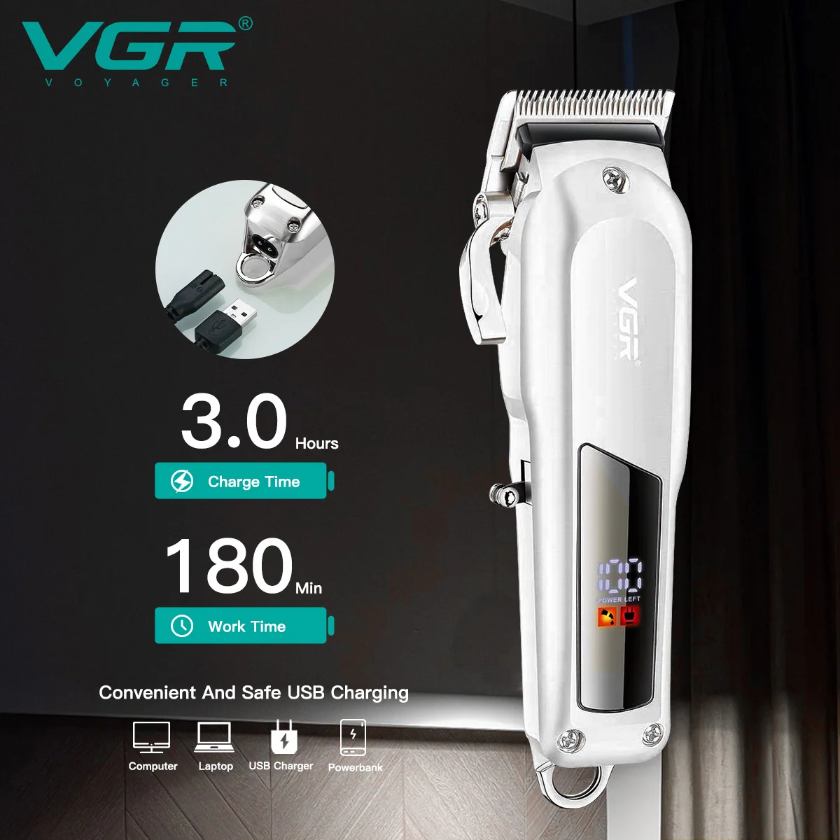 Машинка (триммер) для стрижки волос VGR V-278 SILVER, Professional, 6 насадок, LED Display, STRONG BATTERY