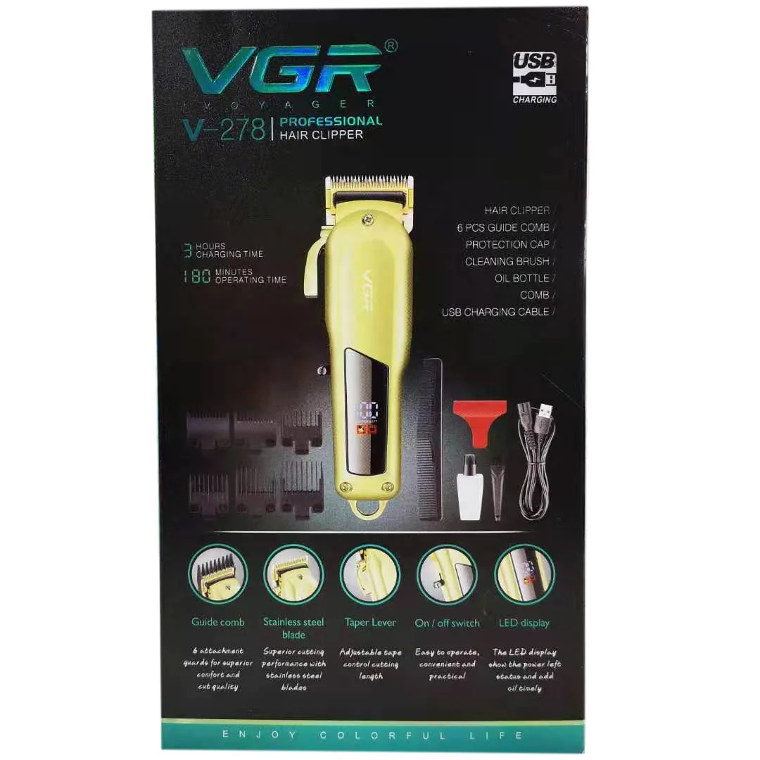 Машинка (триммер) для стрижки волос VGR V-278 SILVER, Professional, 6 насадок, LED Display, STRONG BATTERY