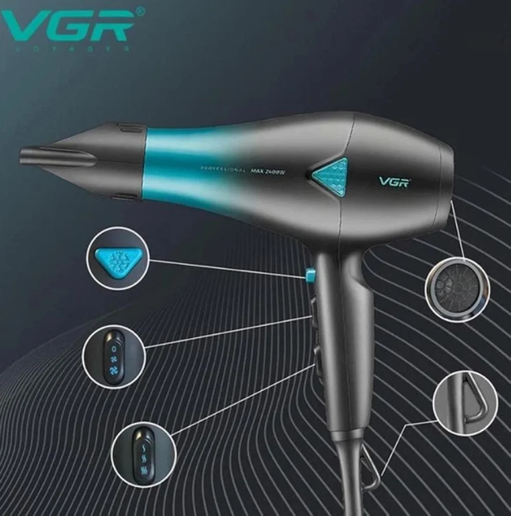 Фен профессиональный VGR V-455 GREEN, 2 скорости, 3 режима температуры, 2000-2400 Вт