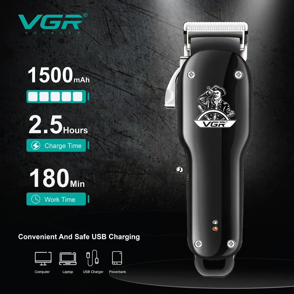 Аккумуляторная машинка для стрижки (clipper) VGR V-679 BLACK, 4 насадки