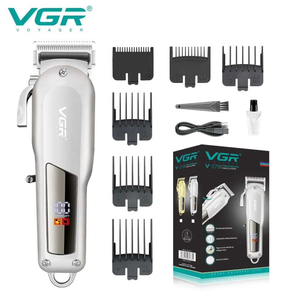 Машинка (триммер) для стрижки волос VGR V-278 SILVER, Professional, 6 насадок, LED Display, STRONG BATTERY