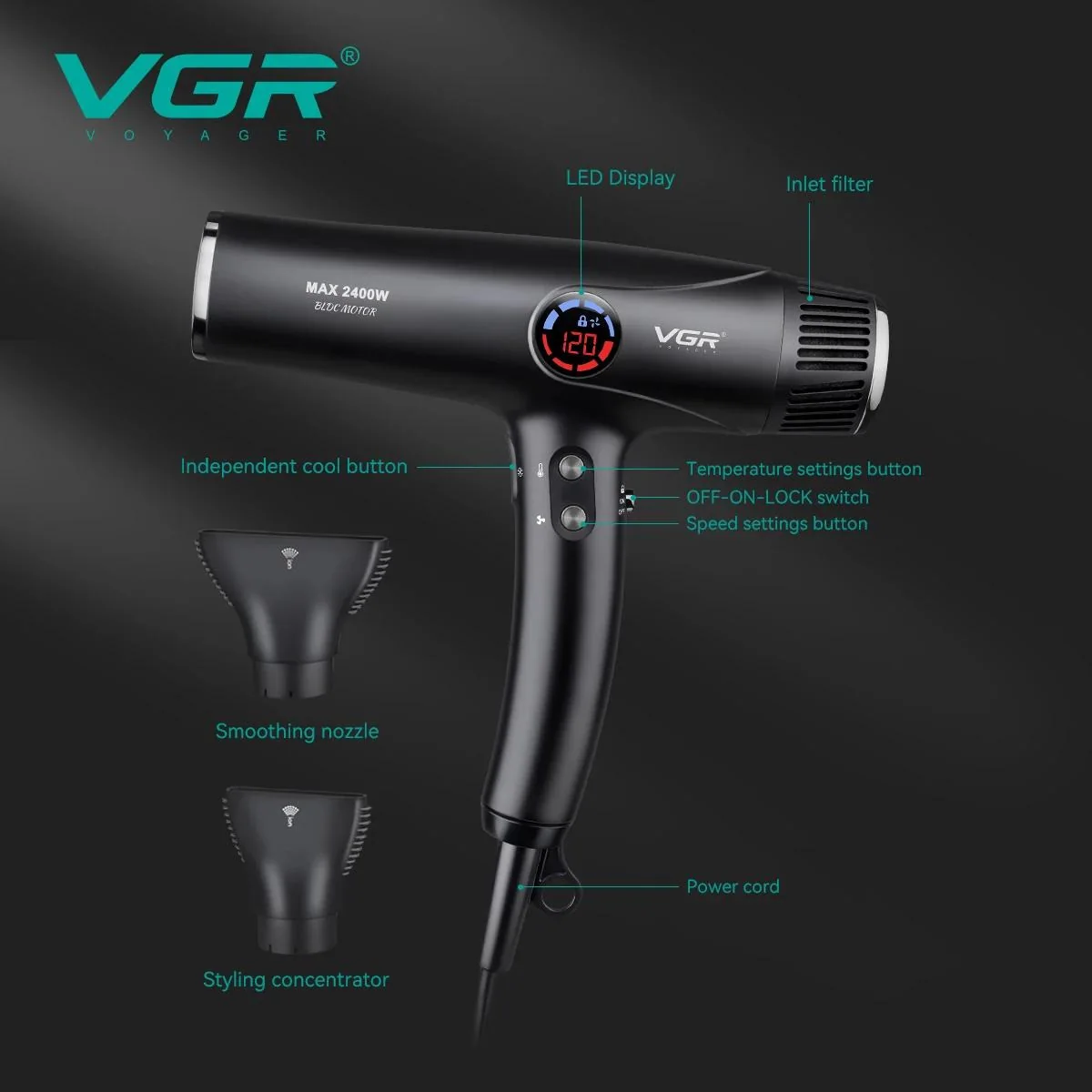 Фен профессиональный VGR V-469, 4 уровня обдува, 4 уровня температуры, 2 насадки, 2400 Вт
