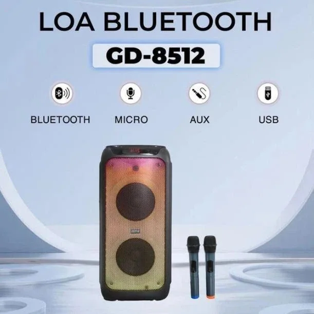 Акустическая переносная Bluetooth колонка GD-8512 с двумя радиомикрофонами 2*8" 50 Вт FM, USB, AUX, RGB