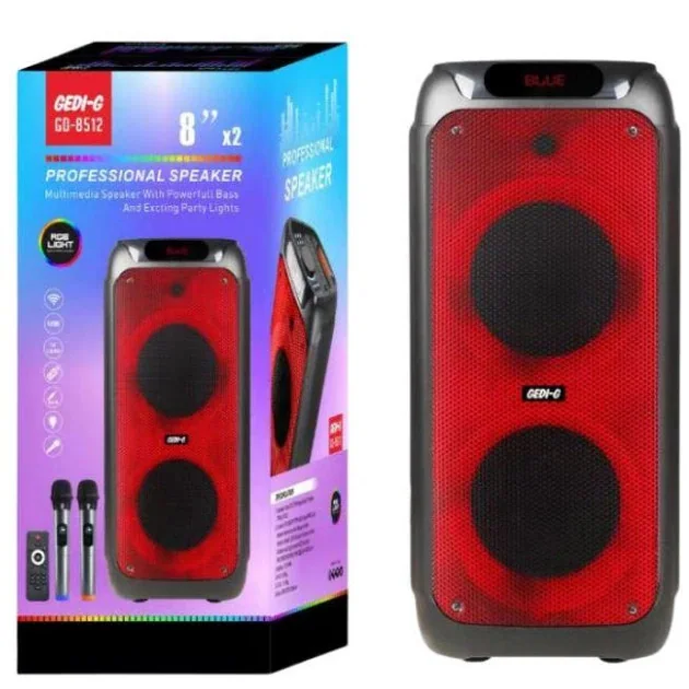 Акустическая переносная Bluetooth колонка GD-8512 с двумя радиомикрофонами 2*8" 50 Вт FM, USB, AUX, RGB