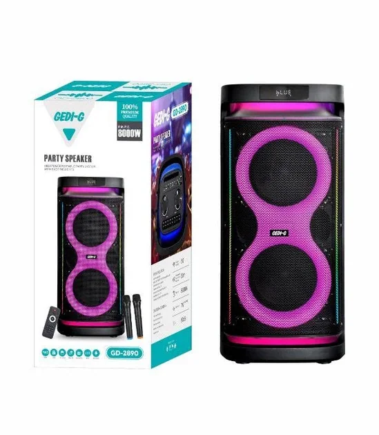 Акустическая переносная Bluetooth колонка GD-2890 с двумя радиомикрофонами 2*8" 60 Вт FM, USB, AUX, RGB