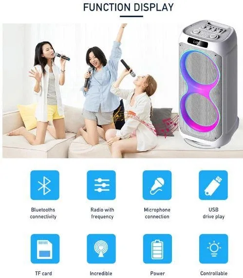 Акустическая переносная Bluetooth колонка LT-2231 с двумя радиомикрофонами 2*8" 60 Вт FM, USB, AUX, RGB