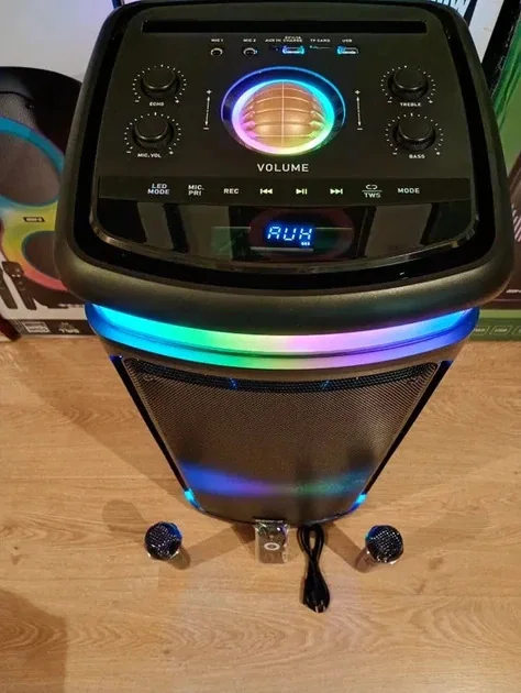 Акустическая Bluetooth колонка GeDi GD-2895 с 2 радиомикрофонами 2*8" 60 Вт FM, USB, AUX, RGB 375*375*845 мм. Черный