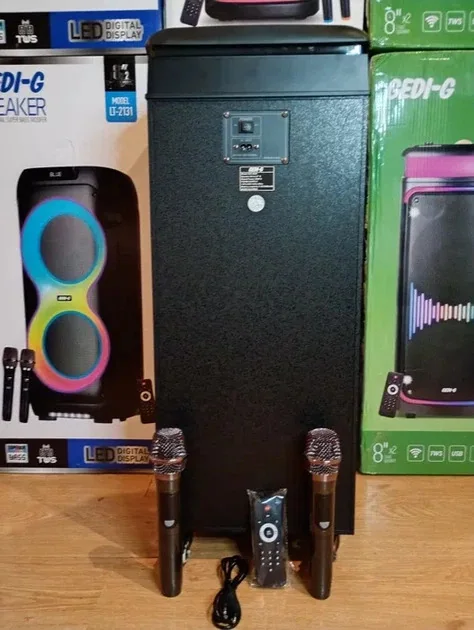 Акустическая Bluetooth колонка GeDi GD-2895 с 2 радиомикрофонами 2*8" 60 Вт FM, USB, AUX, RGB 375*375*845 мм. Черный