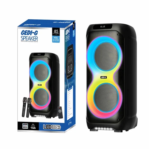 Портативна акустична колонка Gedi LT-2131 з двома радіомікрофонами 2*8" 80 Вт FM, USB, AUX, RGB, Bluetooth 760×340×328 мм. Чорний