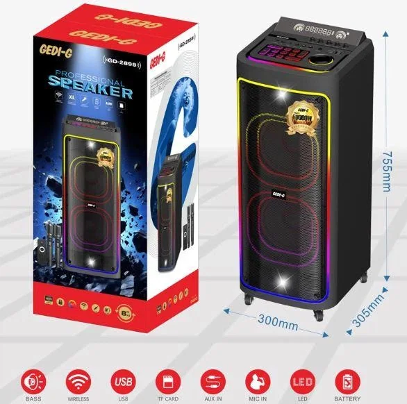 Акустическая переносная Bluetooth колонка Gedi-G GD-2898 с 2 радиомикрофонами 2х8" 100 Вт FM, USB, AUX, RGB