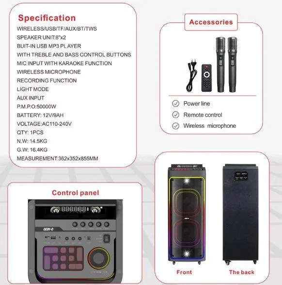 Акустическая переносная Bluetooth колонка Gedi-G GD-2898 с 2 радиомикрофонами 2х8" 100 Вт FM, USB, AUX, RGB