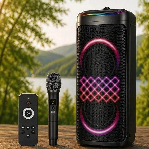 Акустическая переносная Bluetooth колонка Gedi-G GD-1015 с радиомикрофоном 2*10" 160 Вт FM, USB, AUX, RGB