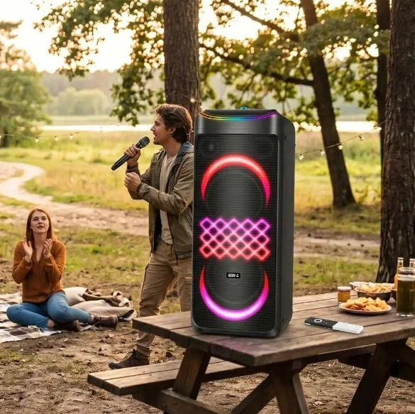Акустическая переносная Bluetooth колонка Gedi-G GD-1015 с радиомикрофоном 2*10" 160 Вт FM, USB, AUX, RGB