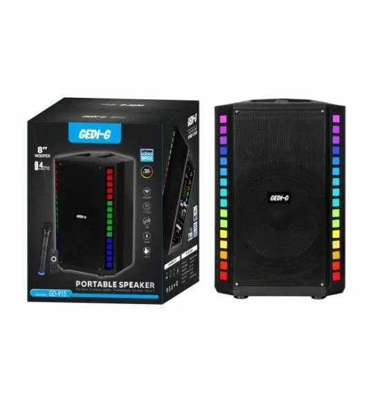Акустическая переносная Bluetooth колонка Gedi-G GD-915 с радиомикрофоном 8" 40 Вт FM, USB, AUX, RGB