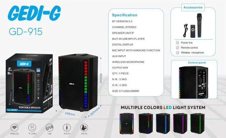 Акустическая переносная Bluetooth колонка Gedi-G GD-915 с радиомикрофоном 8" 40 Вт FM, USB, AUX, RGB