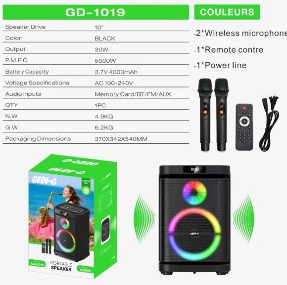 Акустическая переносная Bluetooth колонка Gedi-G GD-1019 с 2 радиомикрофонами 10" 30 Вт FM, USB, AUX, RGB