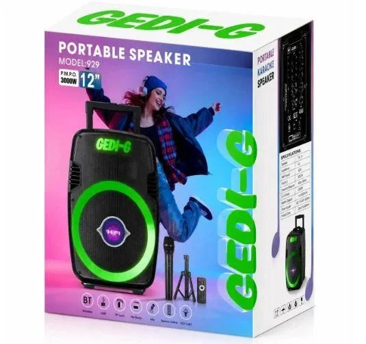 Акустическая переносная Bluetooth колонка Gedi-G GD-1219 с радиомикрофоном 12" 60 Вт FM, USB, AUX, RGB