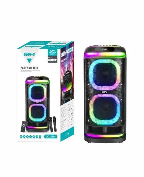 Акустическая переносная Bluetooth колонка Gedi-G GD-2891 с 2 радиомикрофонами 2*8" 100 Вт FM, USB, AUX, RGB