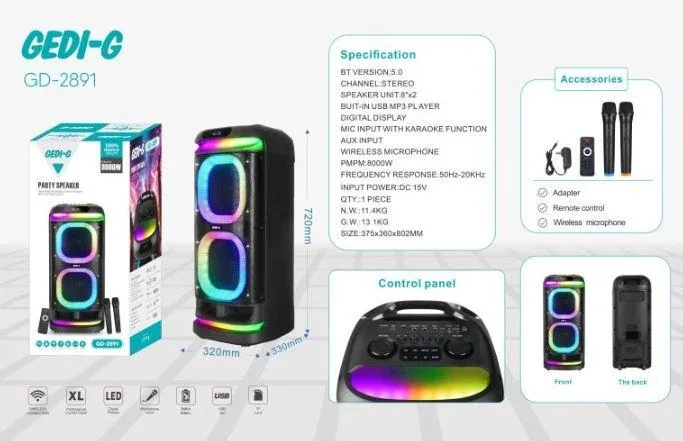 Акустическая переносная Bluetooth колонка Gedi-G GD-2891 с 2 радиомикрофонами 2*8" 100 Вт FM, USB, AUX, RGB