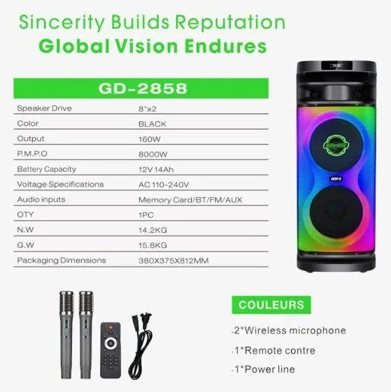 Акустическая переносная Bluetooth колонка Gedi-G GD-2858 с двумя радиомикрофонами 2*8" 160 Вт FM, USB, AUX, RGB