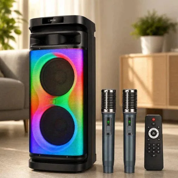 Акустическая переносная Bluetooth колонка Gedi-G GD-2858 с двумя радиомикрофонами 2*8" 160 Вт FM, USB, AUX, RGB