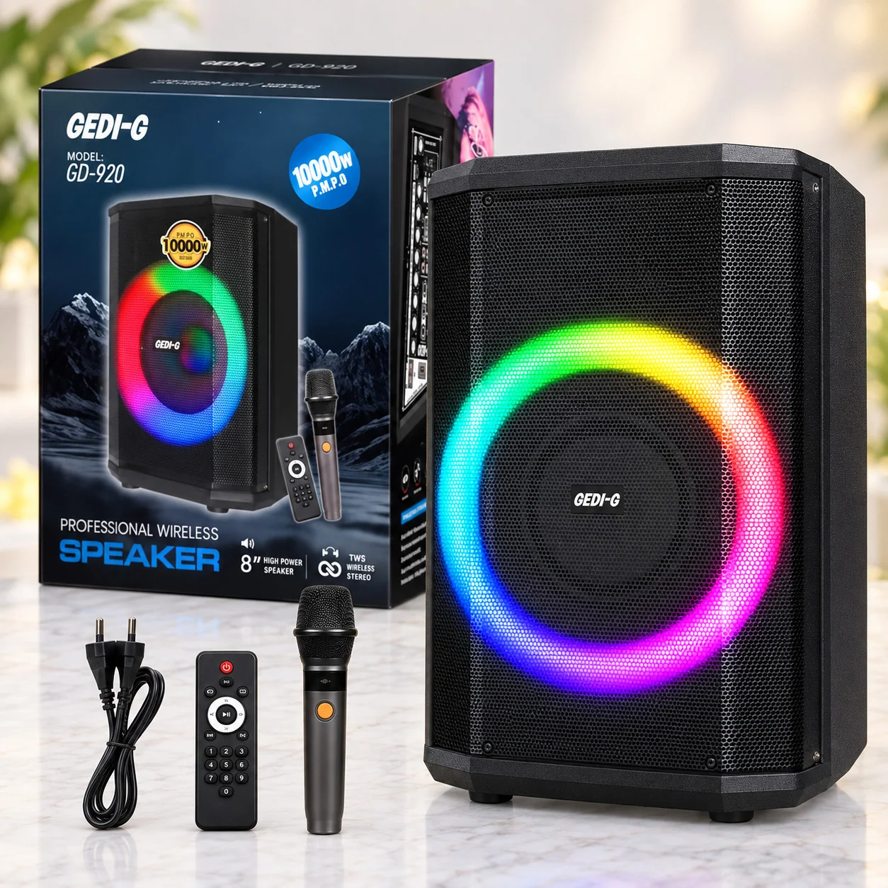 Аккумуляторная колонка Bluetooth, 40 Вт, 8", RGB, с микрофоном, Gedi-G GD-920, Черная