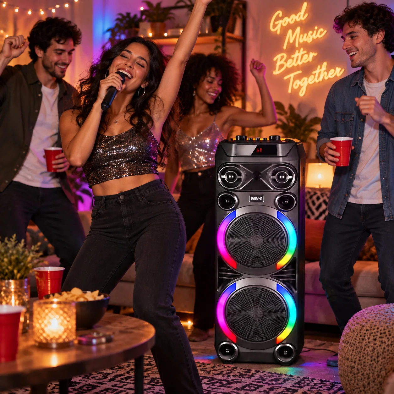 Портативная Bluetooth-колонка с микрофоном 8", 50 Вт, USB, AUX, RGB, Gedi-G GD-2897, Черный