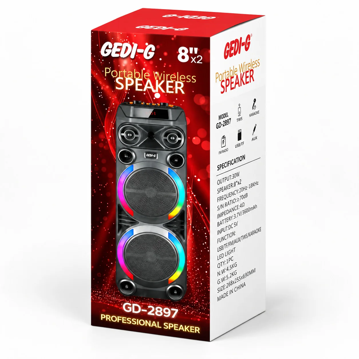 Портативная Bluetooth-колонка с микрофоном 8", 50 Вт, USB, AUX, RGB, Gedi-G GD-2897, Черный