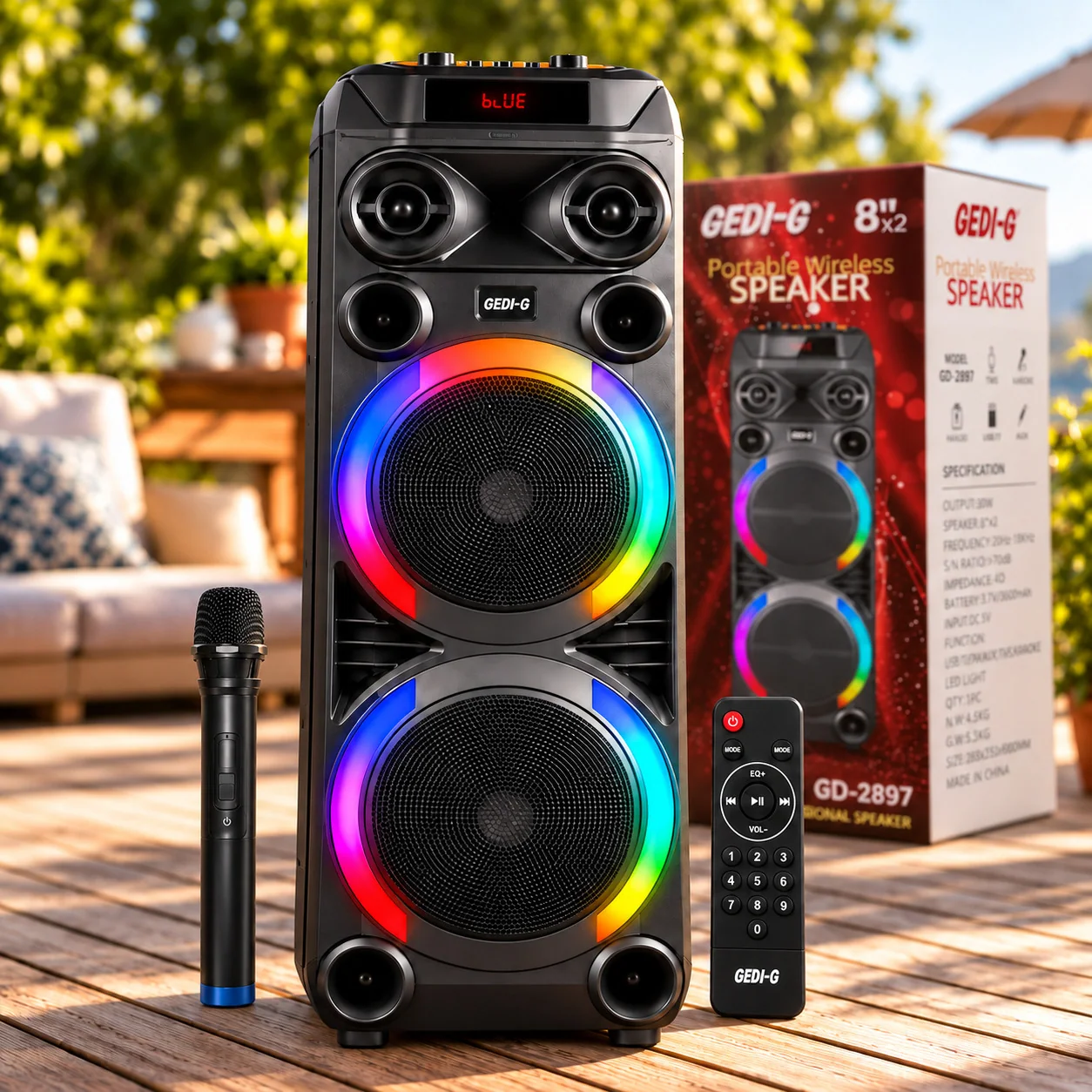 Портативна Bluetooth-колонка з мікрофоном 8", 50 Вт, USB, AUX, RGB, Gedi-G GD-2897, Чорний 
