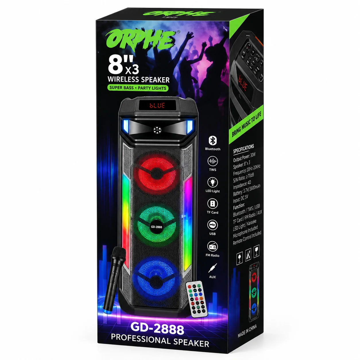 Портативна колонка Bluetooth з мікрофоном, пульт, 3х8", 50 Вт, GEDI-G GD-2888, Чорна