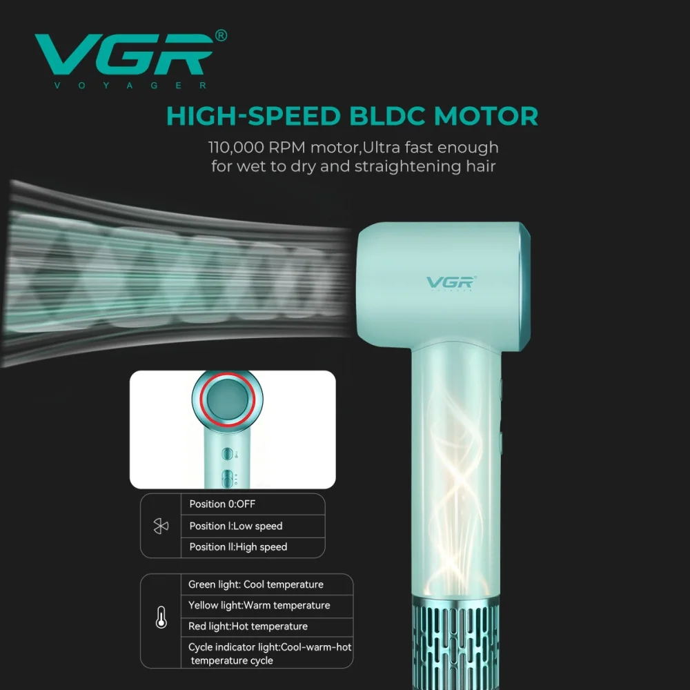 Фен профессиональный VGR V-446 GREEN, 2 скорости, 4 температурных режима, 110000RPM, 1400 Вт.(10723)