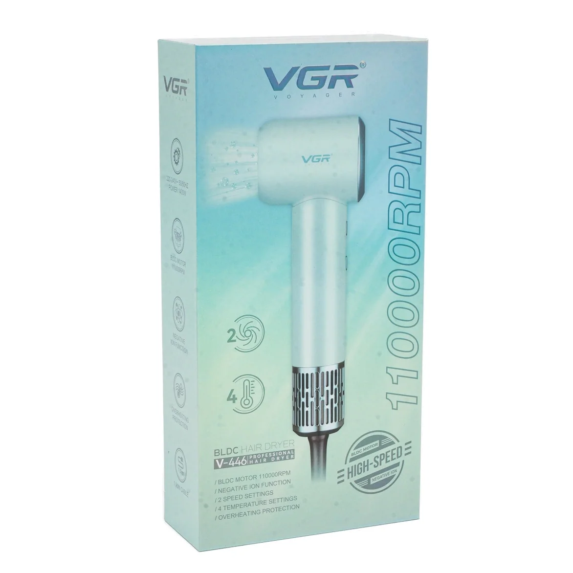 Фен профессиональный VGR V-446 GREEN, 2 скорости, 4 температурных режима, 110000RPM, 1400 Вт.(10723)